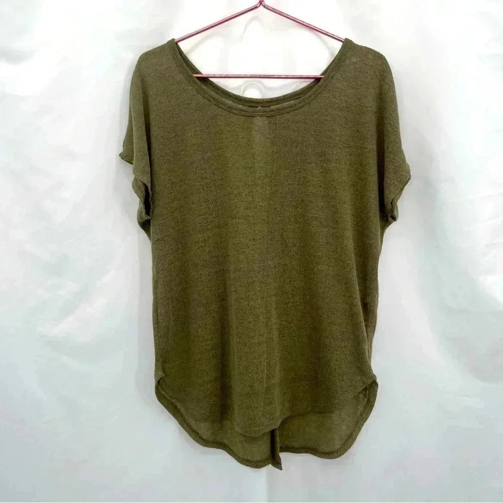 Lane Bryant Top Women 14/16 Olive Green Split Back Linen Blend Short Sleeve NWT